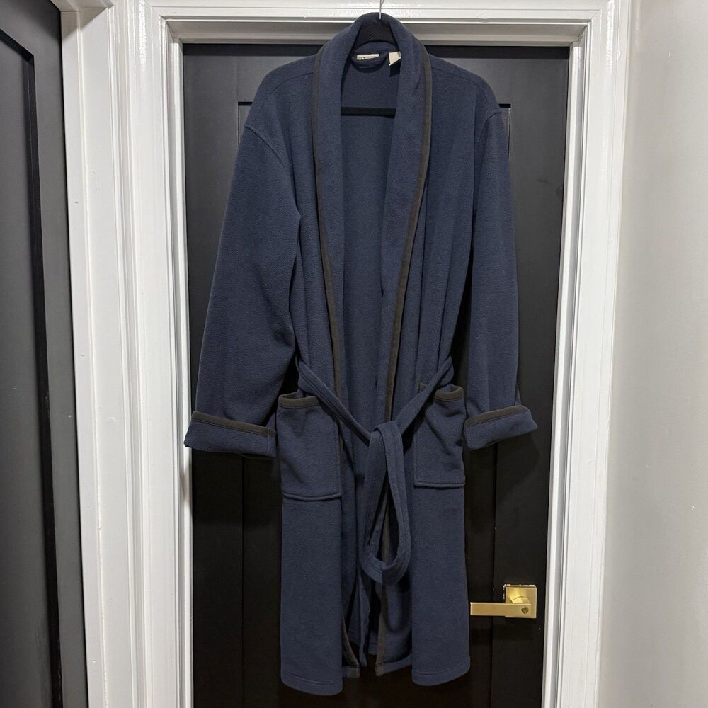 Vintage LL Bean Mens Cozy Belted Fleece Robe Size Medium Blue Relax Lounge Sleep